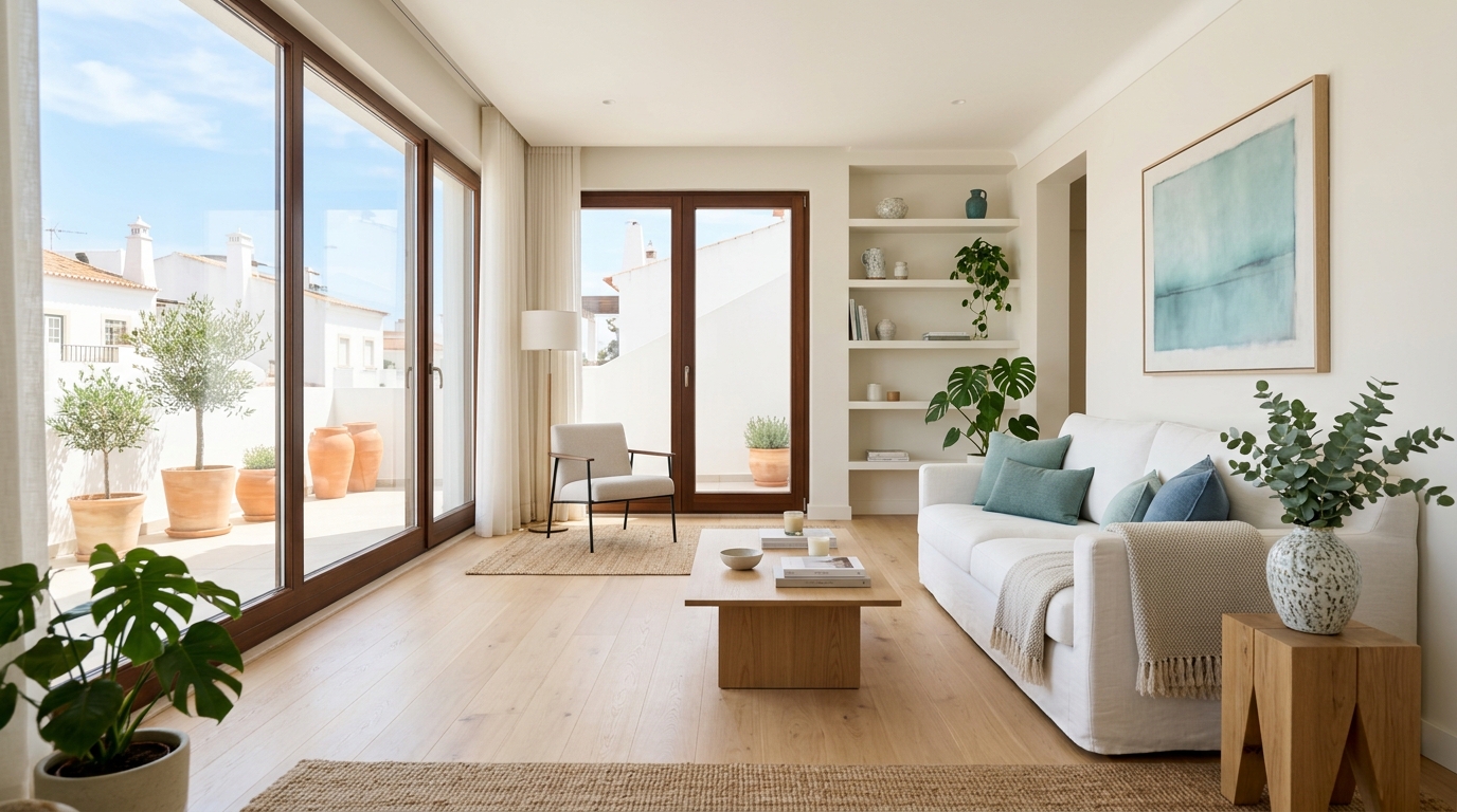 Sala de estar luminosa e impecavelmente limpa, com luz natural
